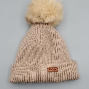 Barbour Beige Knit Hat with Cream Pom-Pom